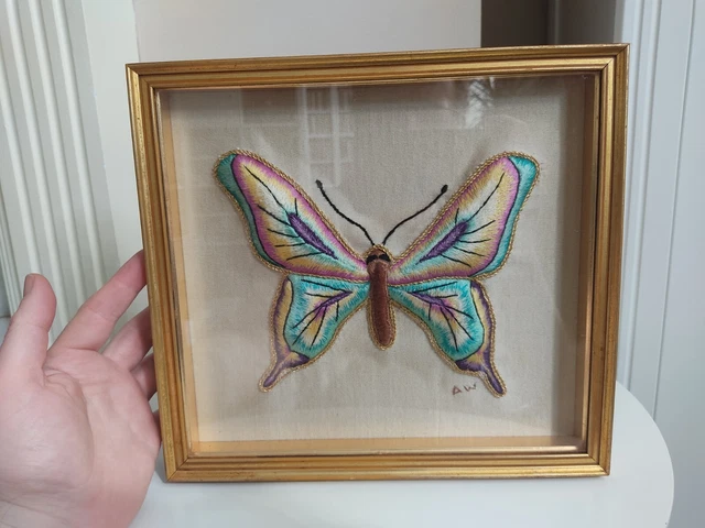 Vintage Art Hand Embroidered Butterfly Framed Signed retro old embroidery