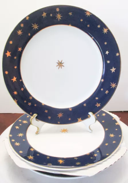 4 Vintage Sakura GALAXY HOLIDAY Porcelain Salad Plates Blue Band 14k Gold Stars