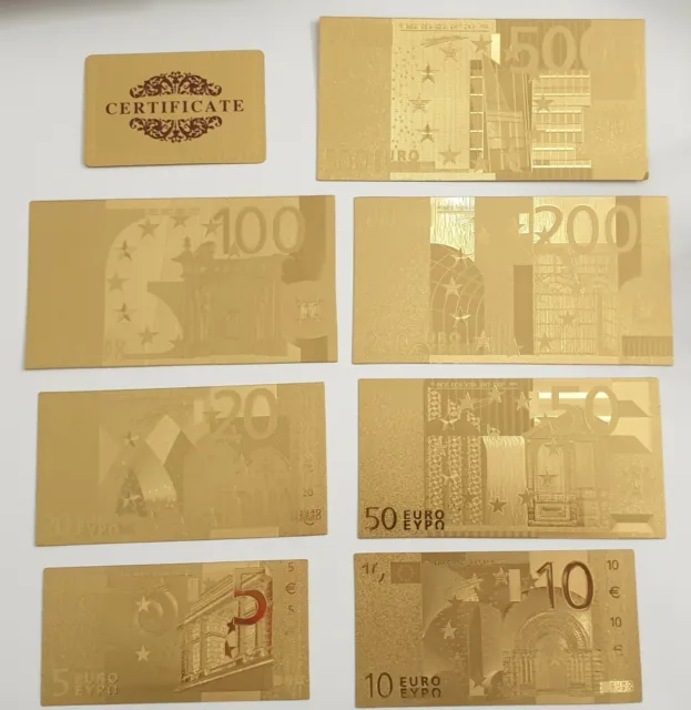 Lote billetes euro oro - 7 unidades uno de cada valor - 99,9% PURE GOLD 24K - €