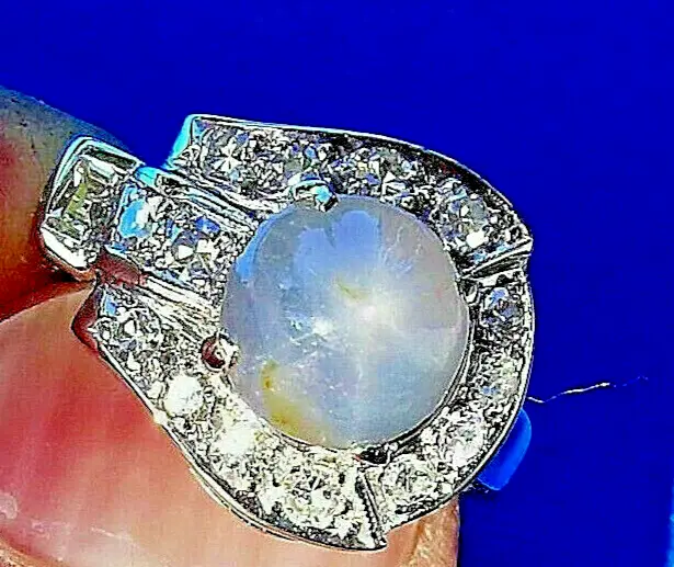 Genuine Star Sapphire Diamond Deco Engagement Ring Unique Vintage Solitaire