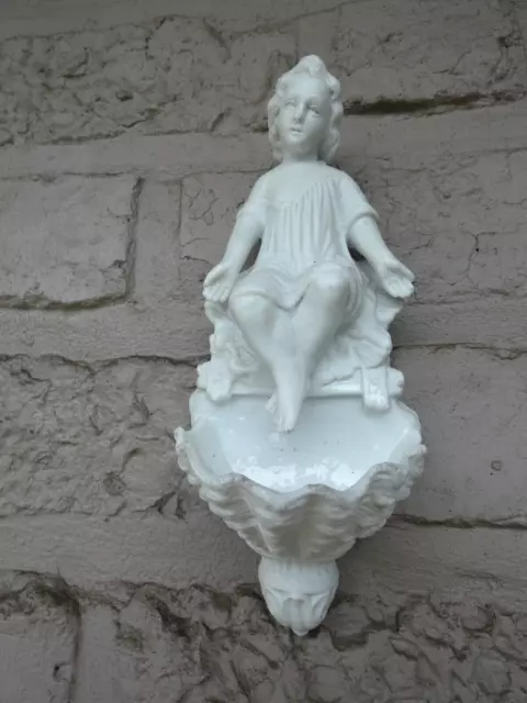 Antique French bisque porcelain letu mauger signed angel holy water font