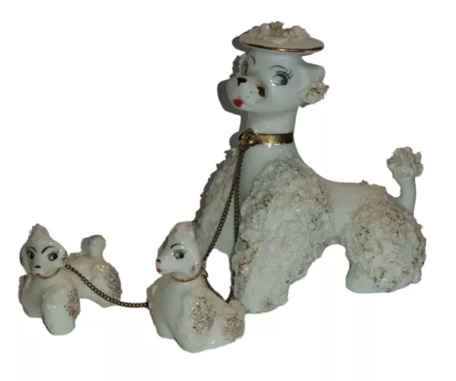 Vtg 1950's Powder White Spaghetti Poodle Dog Figurines Mom Puppies with Chain