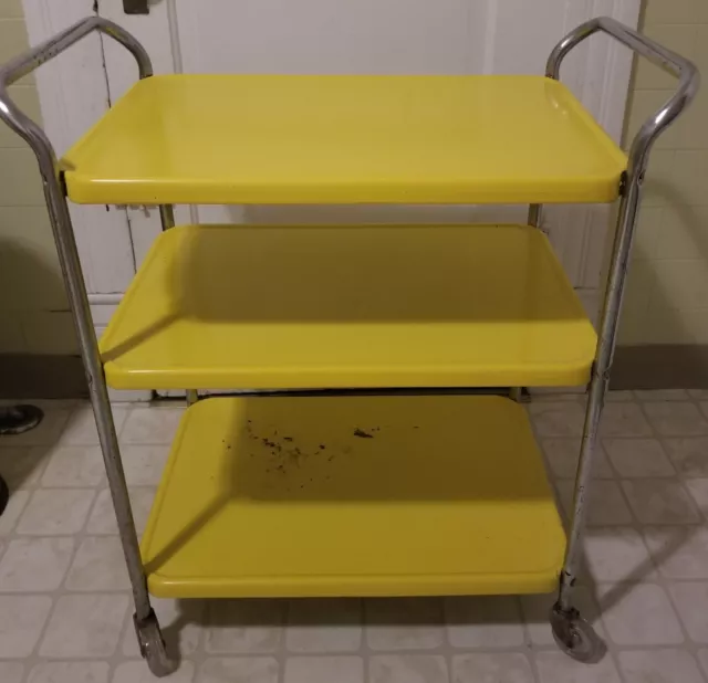 🔥VTG 1960s Mid CenturyModern Yellow COSCO Rolling 3Tier Kitchen UtilityBar Cart