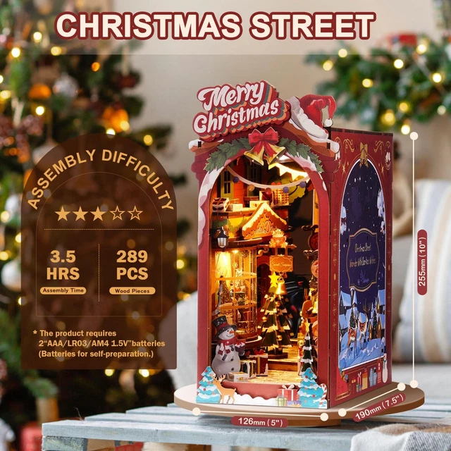 ROBOTIME DIY MINIATURE Dollhouse Wood Kit Book, Christmas Street with