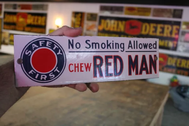 CHEW RED MAN Tobacco Safety First No Smoking Porcelain Metal Sign Gas ...