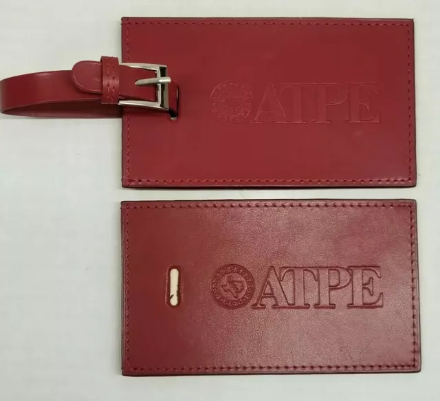 Set of 2 Texas Association of Teachers Red Leather Leeman luggage tags 5" x 3"