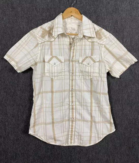 Guess Mens Short Sleeve Shirt Size Medium Beige Check Plaid Pearl Snap