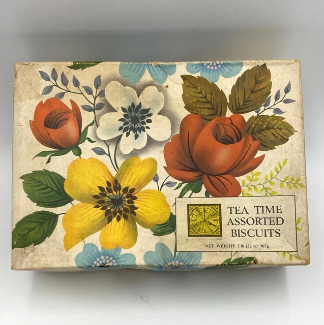 Vintage Tea Time Assorted Biscuits Box Nabisco Frears England Floral Cardboard
