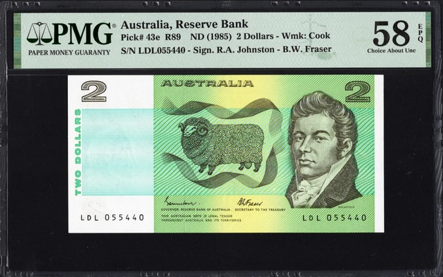 Australia 2 Dollars P43e R89 1985 Johnston Fraser PMG58 Choice aUNC EPQ Banknote