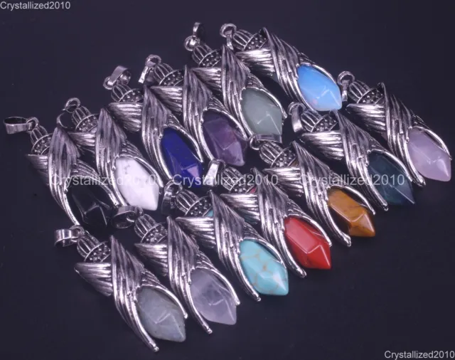 Natural Gemstone Hexagonal Angel Wing Chakra Healing Pendant Bead Tibetan Silver