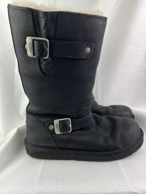 UGG Kensington Women's Moto Biker Boots Black Leather Sherpa Fur Lined Sz 7