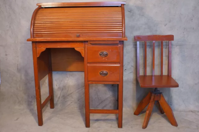 Antique Child's Roll Top Desk & Swivel Chair Hepplewhite Bail Pulls Original