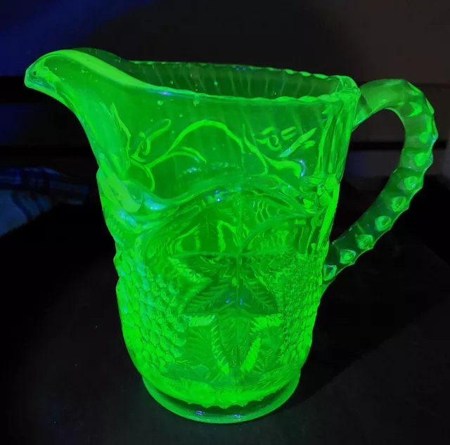 Uranium Glass Green Depression Vine Pattern Jug - Chip On Pouring Lip