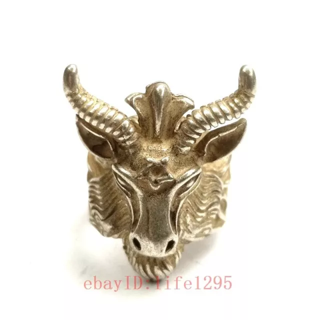 Chinese Tibet Silver Carving Sheep head Statue Ring excellent Gift collection