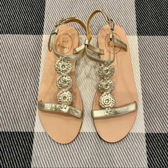 Jack Rogers Gold T-Strap Sliver Wedge Sandals 7 New