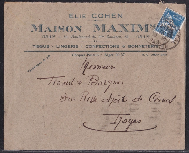 Judaica Jewish Cover Oran Algeria Algerie 1938 - ELIE COHEN MAISON MAXIM