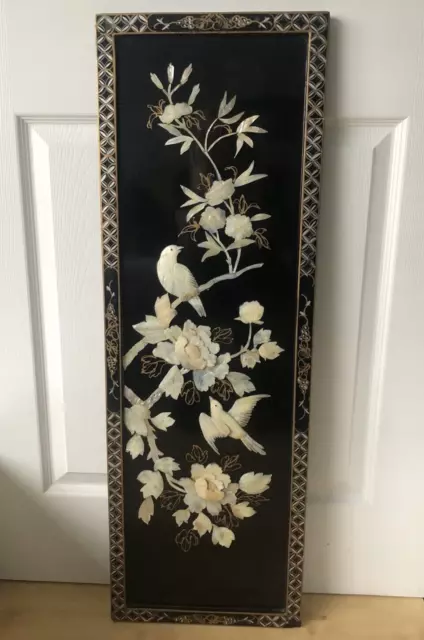 MOTHER OF PEARL AND BLACK LACQUERED CHINESE WOODEN WALL PANEL - 90cm X 30cm