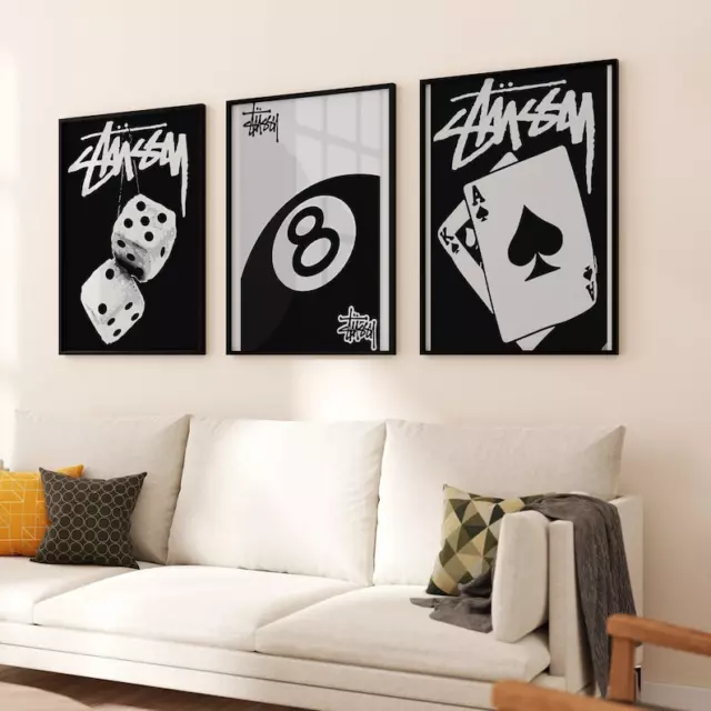 Stussy Poster Set Of 3 Black And White, Wall Art Prints Trendy, 8 Ball Print