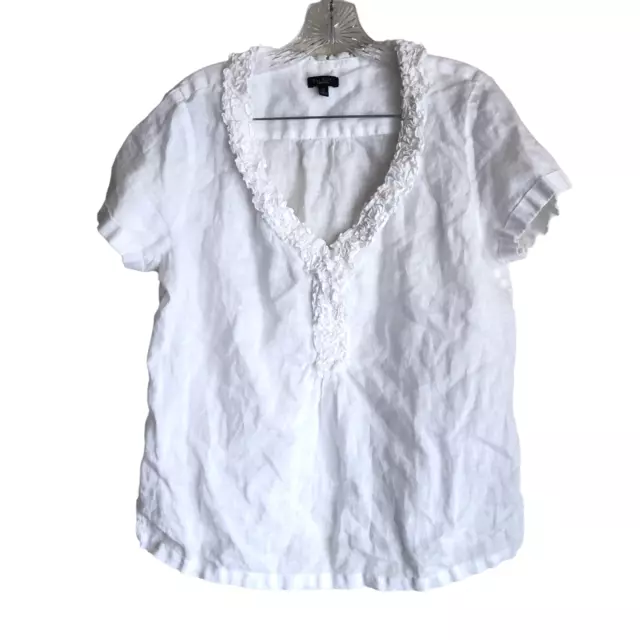 TALBOTS WOMEN'S 100% Linen Blouse Size 12 White Ruffle Short Sleeve ...