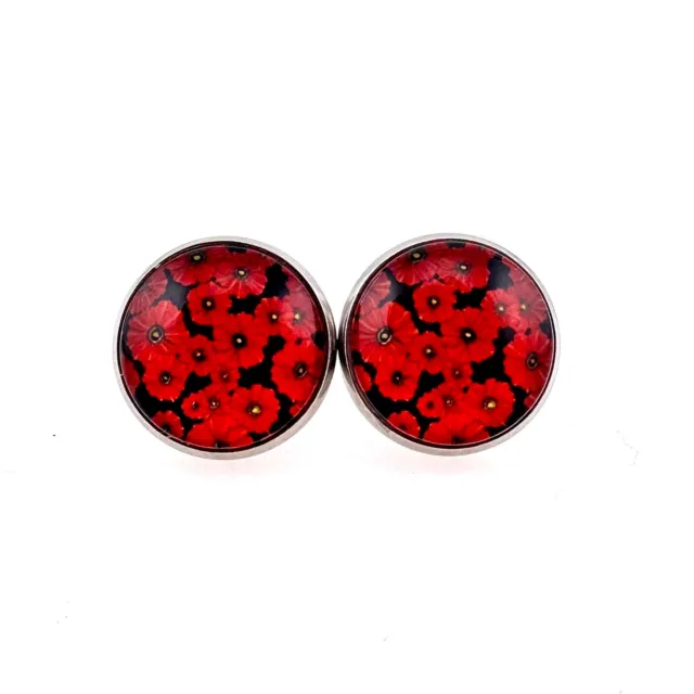 Clip On Earrings Red Poppies Print 18 mm Round Glass & Stainless Steel New