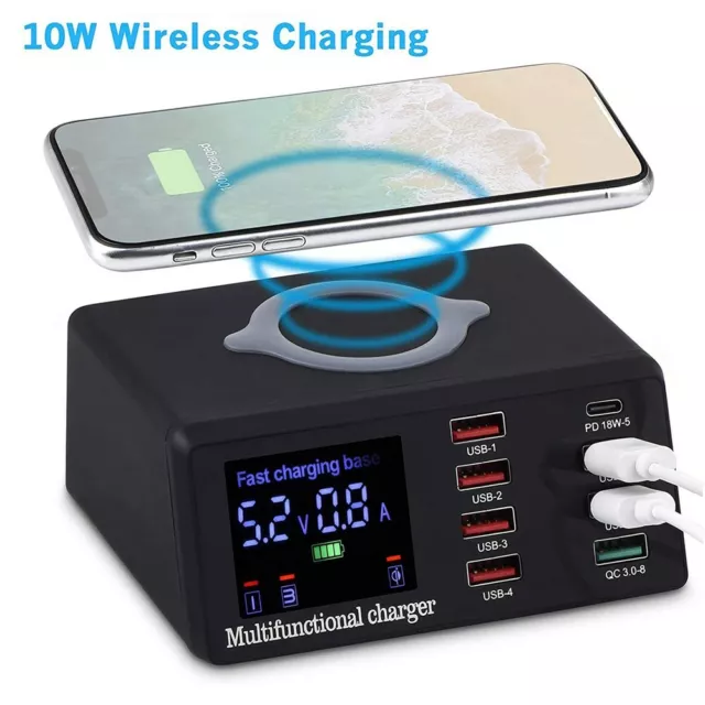 100W 8-Port Desktop Charging Hub QC 3.0 USB Port +PD + Wireless Station UK Pg RA