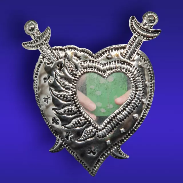 Mexican Mirror Silver Tin Sacred Heart  Swords Motif Handcrafted Mexico New Gift