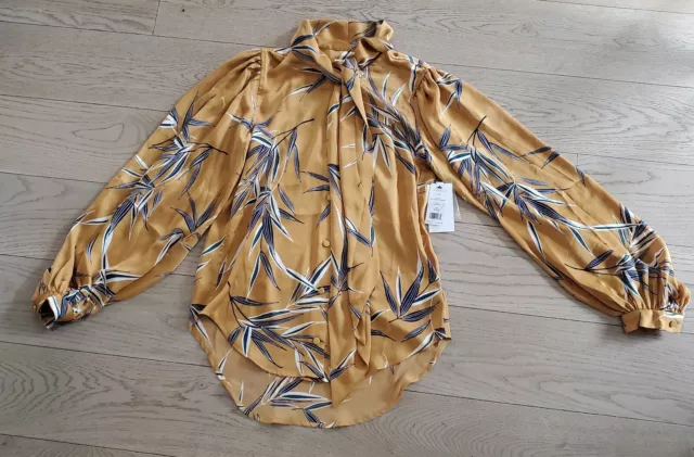 Equipment Femme  Mustard Floral Tie Button-Down Blouse Sz XXS; NWT; MSRP $300