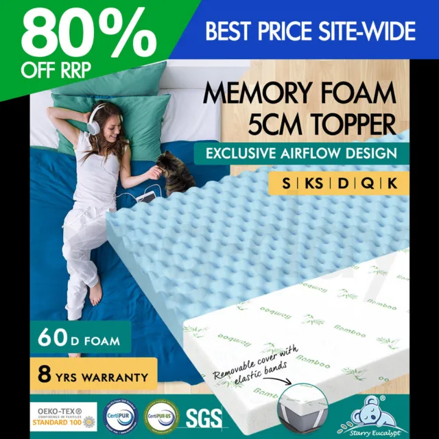 S.E. Memory Foam Topper Airflow Zone Bed Mattress Cool Gel Bamboo Cover 5cm