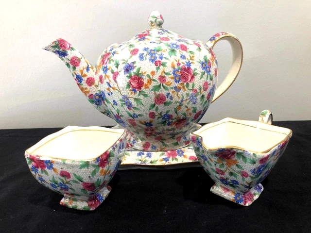 Vintage Royal Winton Grimwades Old Cottage Chintz Teapot Set Tile,Sugar,Creamer!