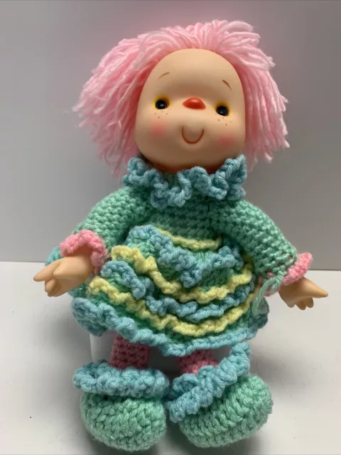 VTG 80’s Ice Cream Face Baby Doll Hand Crochet Pink Yarn Hair Plush