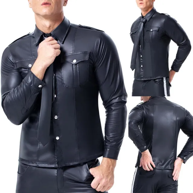 Chemise justaucorps sexy homme look humide hauts en faux cuir avec détail bouto