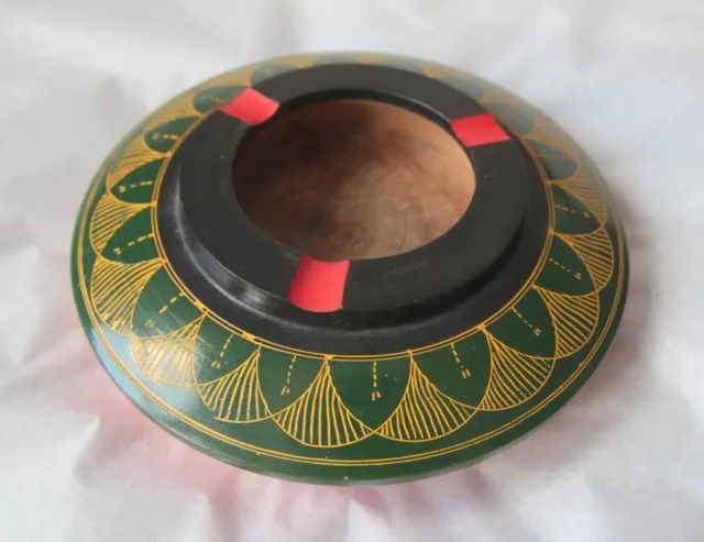 Turned Wooden Ashtray Painted / Engraved Red / Green