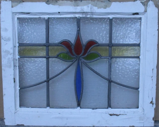 OLD ENGLISH LEADED STAINED GLASS WINDOW Cute Floral 20.25" x 16.5"