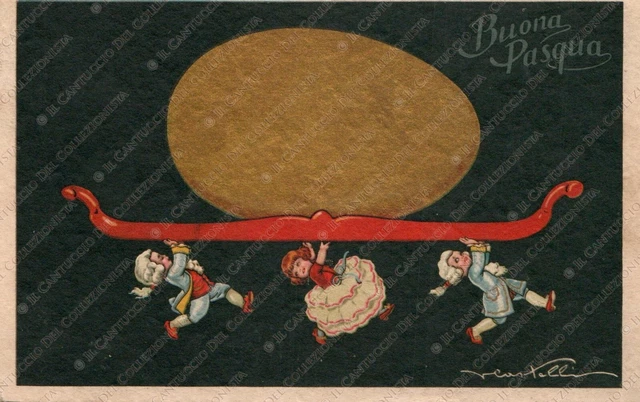 Buona Pasqua Bambini uovo dorato Lucky artista V. CASTELLI Cartolina augurale