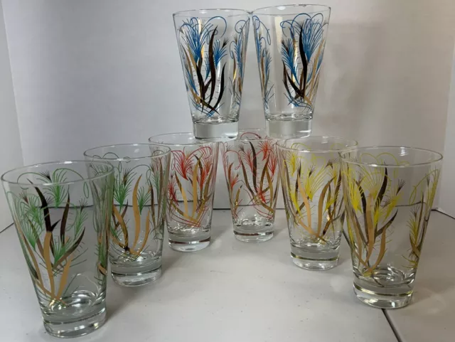 Vtg MCM Drinking Glasses Retro Multicolor Highball Bar Ware 12oz Set Of 8