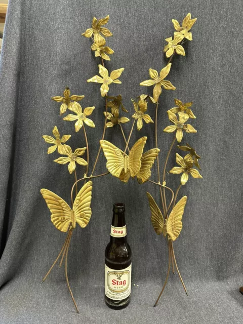 2 Vtg Home Interiors Wall Art Brass/Copper/Gold Metal Leaf Flowers Butterfly MCM