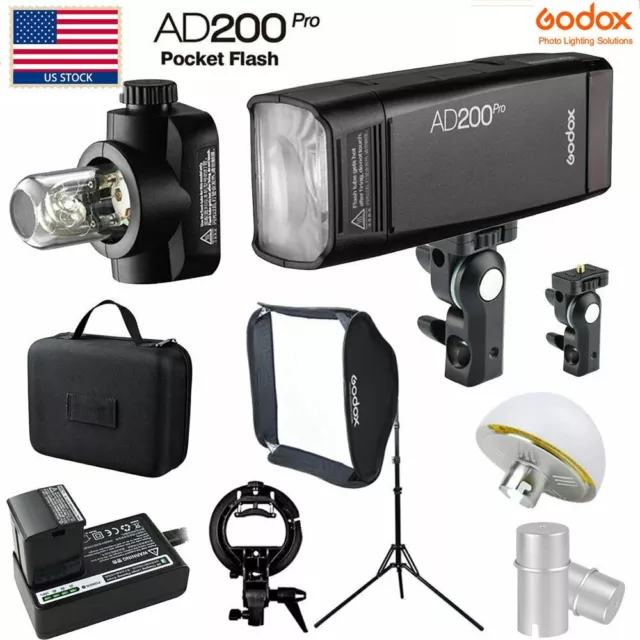 US Godox AD200Pro TTL HSS Outdoor Pocket Flash+60*60cm S Bracket Softbox Kit