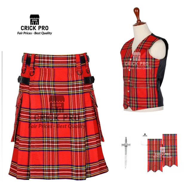 Royal Stewart Handmade  8 Yard Tartan KILT with free VEST  Flashes  Kilt Pin