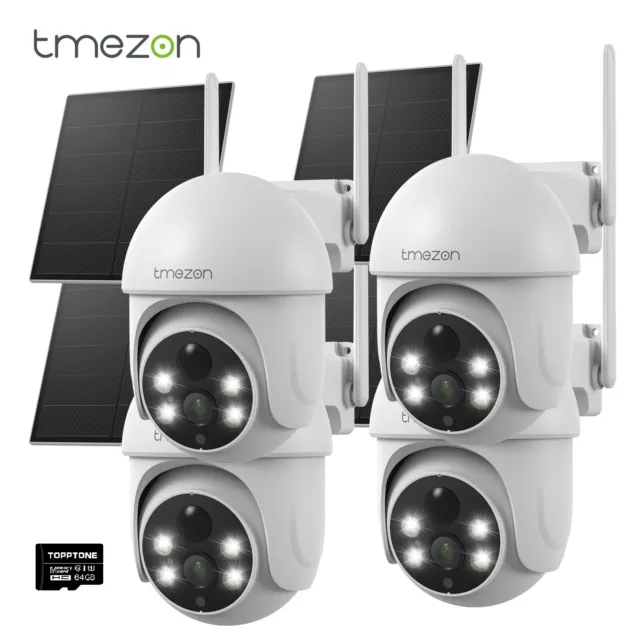 TMEZON 4PCS Wireless Solar Security Camera 3MP PTZ Outdoor Battery IR Night 64G