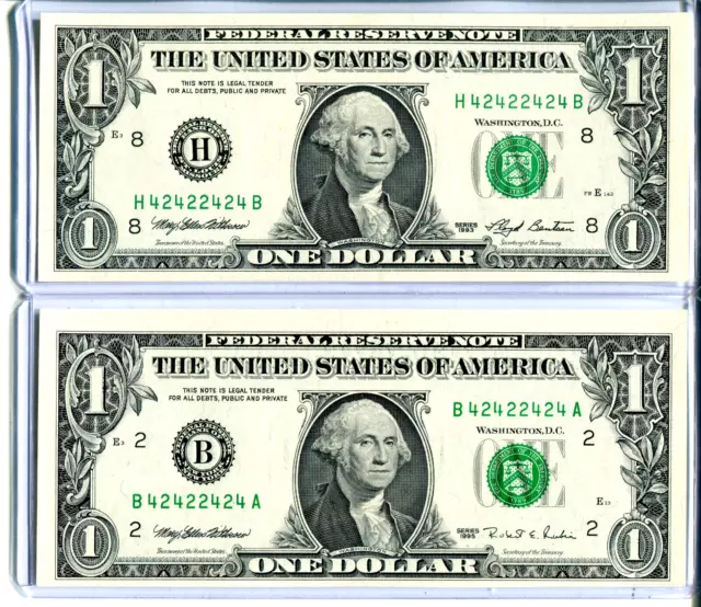 (2) $1 Federal Reserve Notes UNC Identical 2/4 BINARY RADAR BOOKEND #42422424