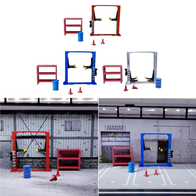 Fenteer 1/64 Diorama Garage Officina Auto Container Architettura Modello 5 Pezzi/Set Set di Strumenti di Riparazione Modello Officina, Ascensore Argentato