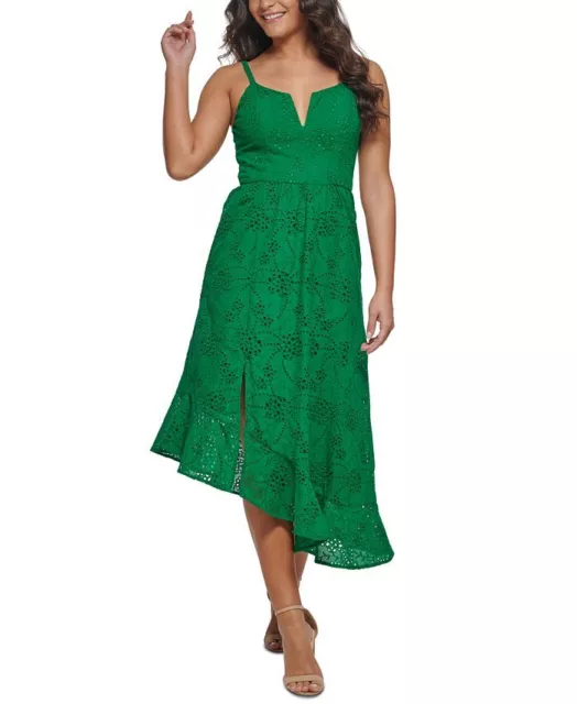 GUESS Women's Cotton Eyelet Asymmetric Midi Dress Green Size 14