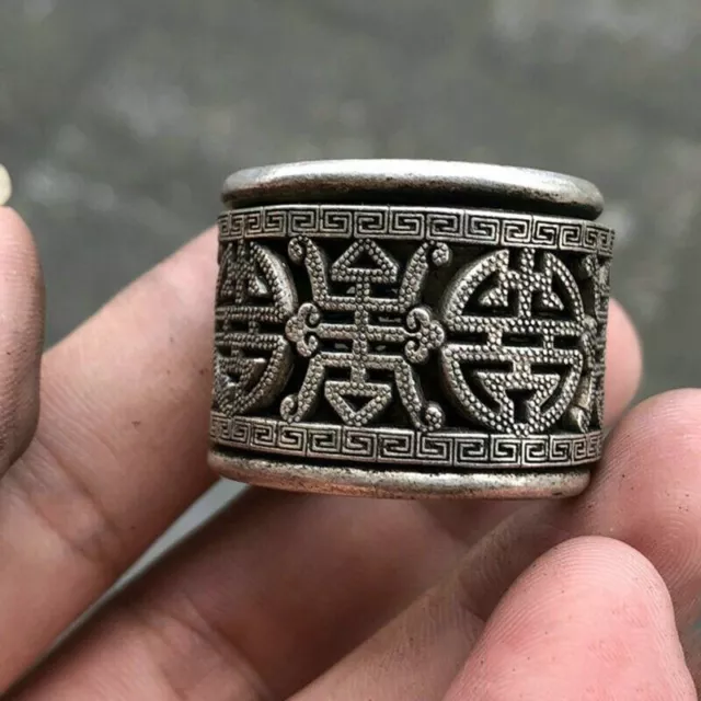Finger Ring Statue Old Chinese Tibet Silver Plated Fu Shou Pull Handcarved Gifts 2