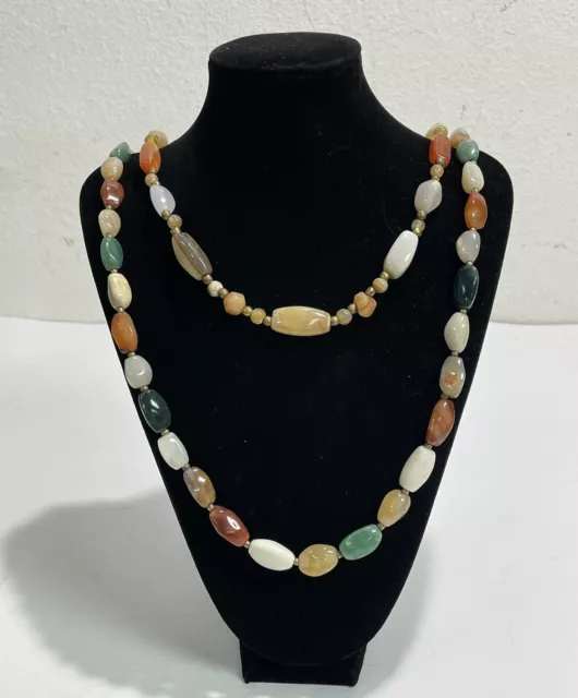 Lot of 2 Vintage 1960's Semi-Precious Polished Stone Beggar Bead Necklace ~ NICE