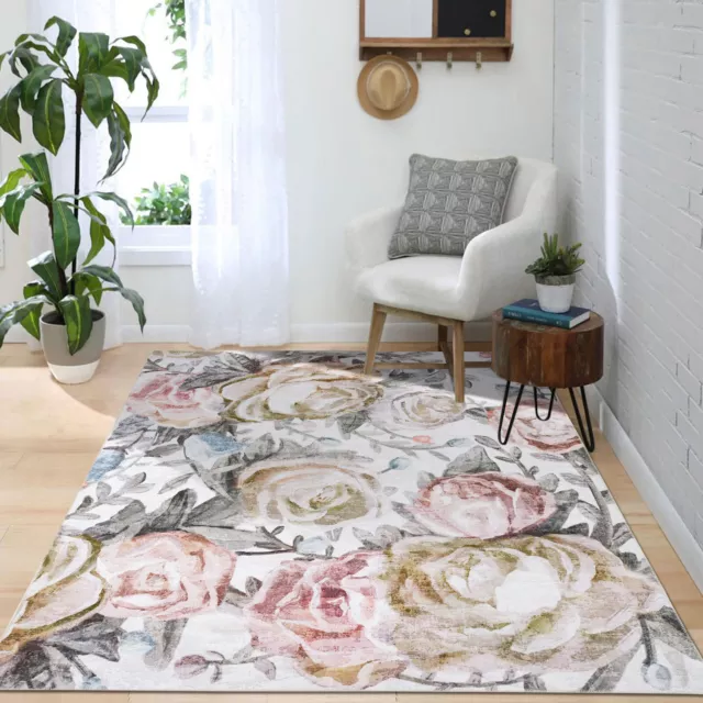 Pink Bedside Rug Stunning Soft Rose Bloom Floral Carpet Washable Rugs 160x230cm