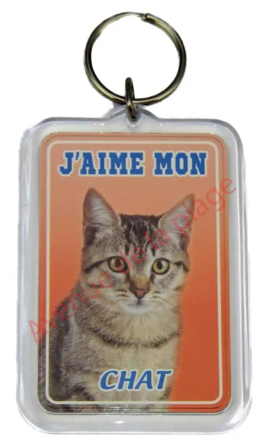 Porte clé chat "J'aime mon chat tigré"  idée cadeau pas cher NEUF