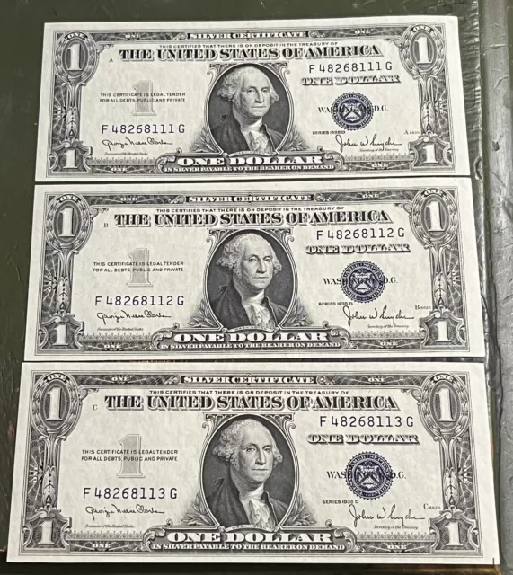 1935 D Silver Certificate 3 Consecutive CH Uncirculated Notes Old Blue Seal