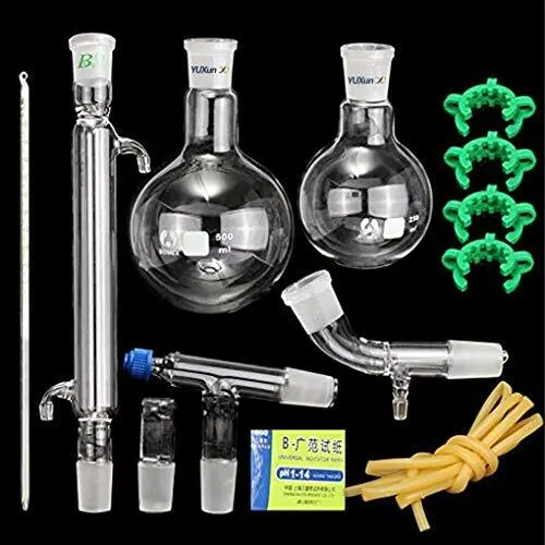 New 500ml, 13pcs Glass Distillation Apparatus Chemistry Lab Glassware Kit