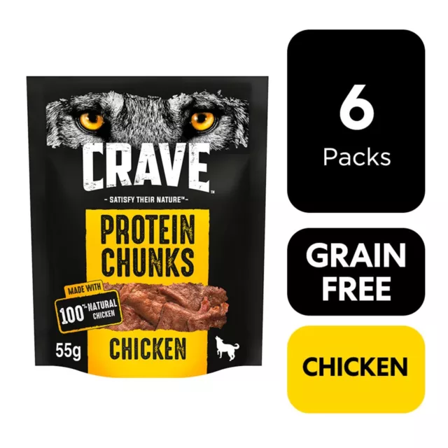 6 x 55g Crave Natural Grain Free Protein Chunks Adult Dog Treat Chicken Dog Chew