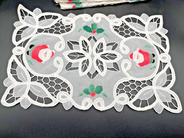 VTG Christmas Embroidered Applique Tulle Santa Set Of 12 Placemats VTG Christmas Embroidered Applique Tulle Santa Set Of 12 Placemats